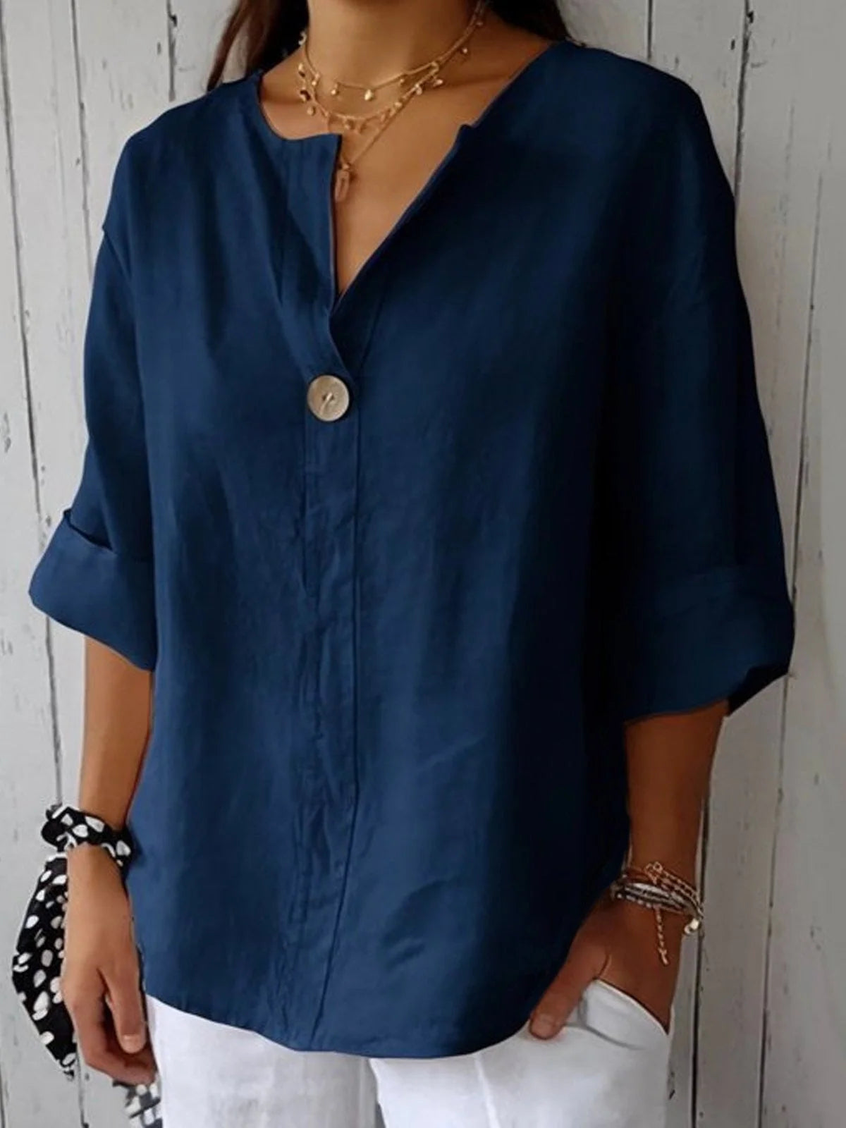 Women's Cotton Loose Fit 3/4 Sleeve Single Button Blouse