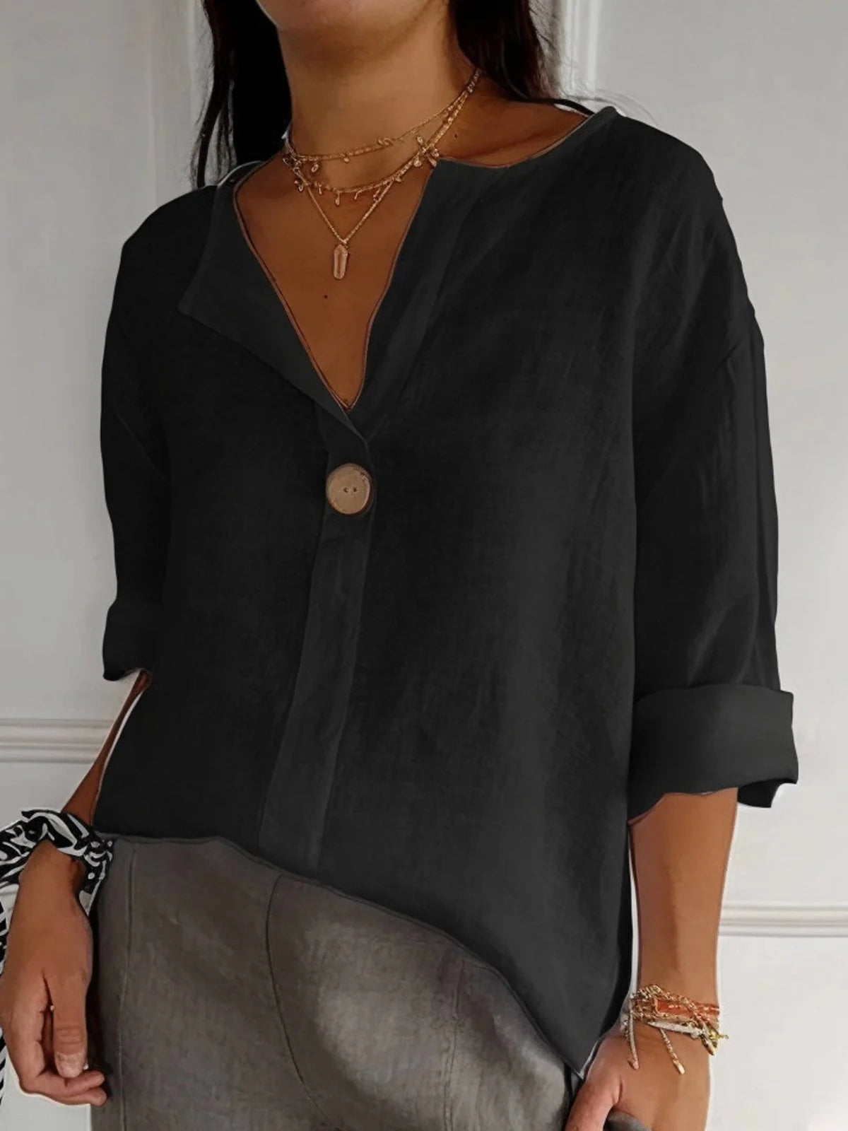 Women's Cotton Loose Fit 3/4 Sleeve Single Button Blouse