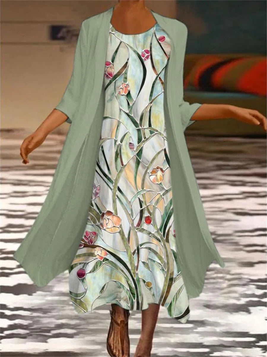 Women’s Floral Print Two-Piece Maxi Dress with Outerwear